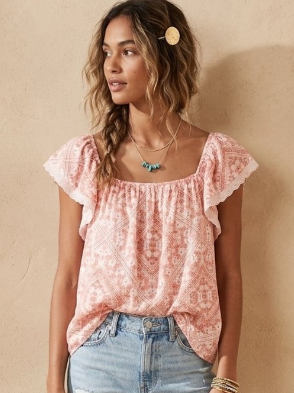 Como Blu Pink Peasant Puff Sleeve Blouse Top Bandana Print Square Neck Milkmaid